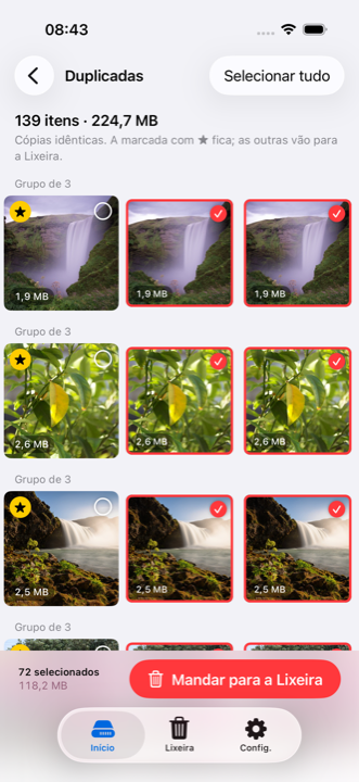 Tela de duplicadas: grupos de fotos idênticas, uma marcada para ficar