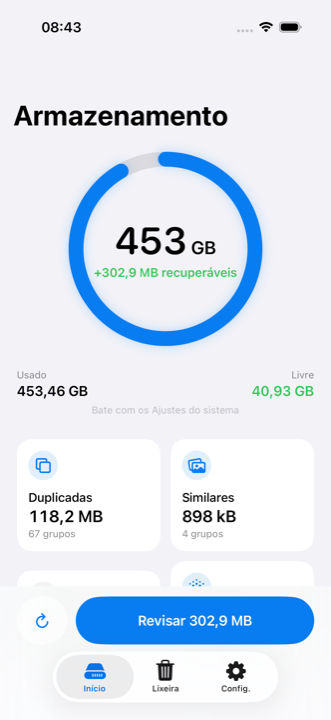 Tela inicial do Freed no iPhone: anel com o espaço usado e o total recuperável